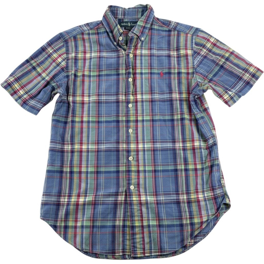 Ralph Lauren Button Down Shirt Medium Classic Fit Blue Plaid Short Sleeve Cotton